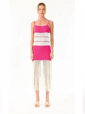 My beachy side crochet fringed color block summer dress in fuschia